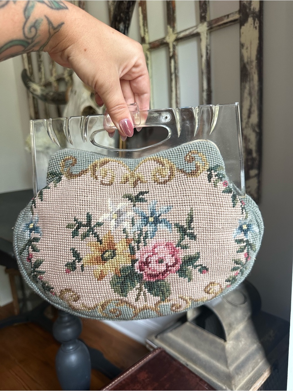 Vintage Floral Needlepoint Clear-Handle Women’s Bag